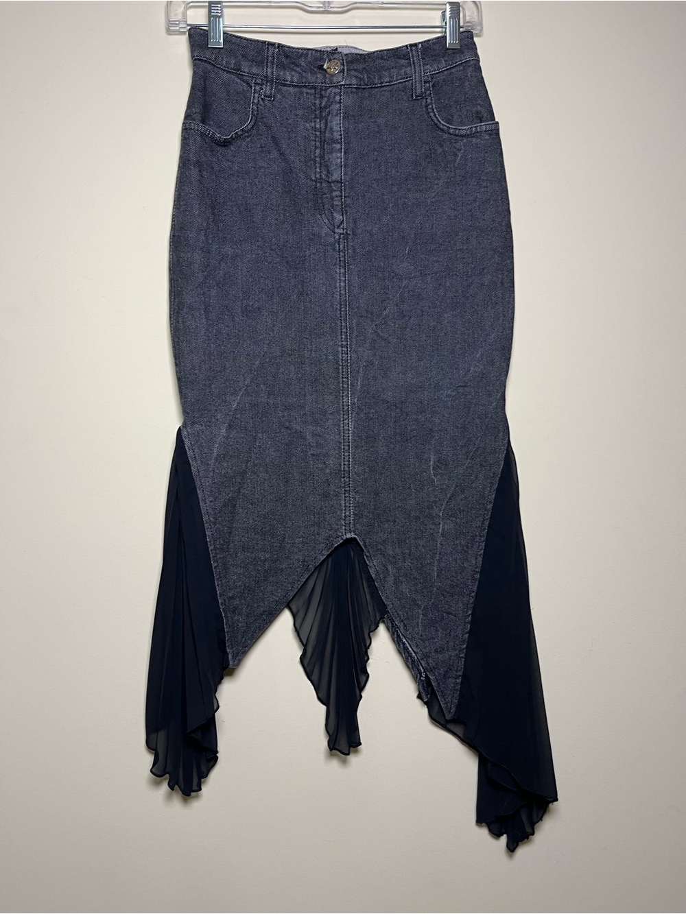 Vintage Y2K Ungaro Fever Black Denim Chiffon Mermaid Skirt Women’s Size 6